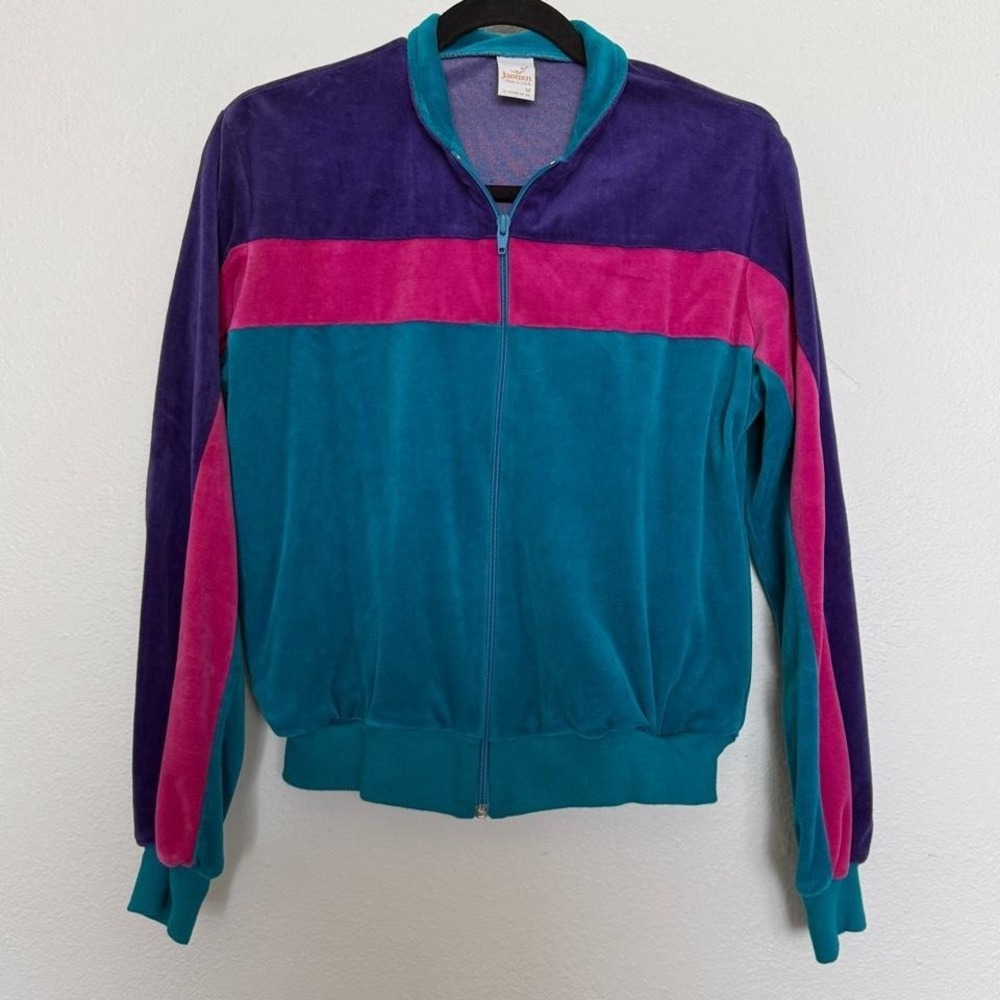 Vintage Jantzen Velour Colorblock Zip Up Track Jacket Made USA - Picture 3 of 8